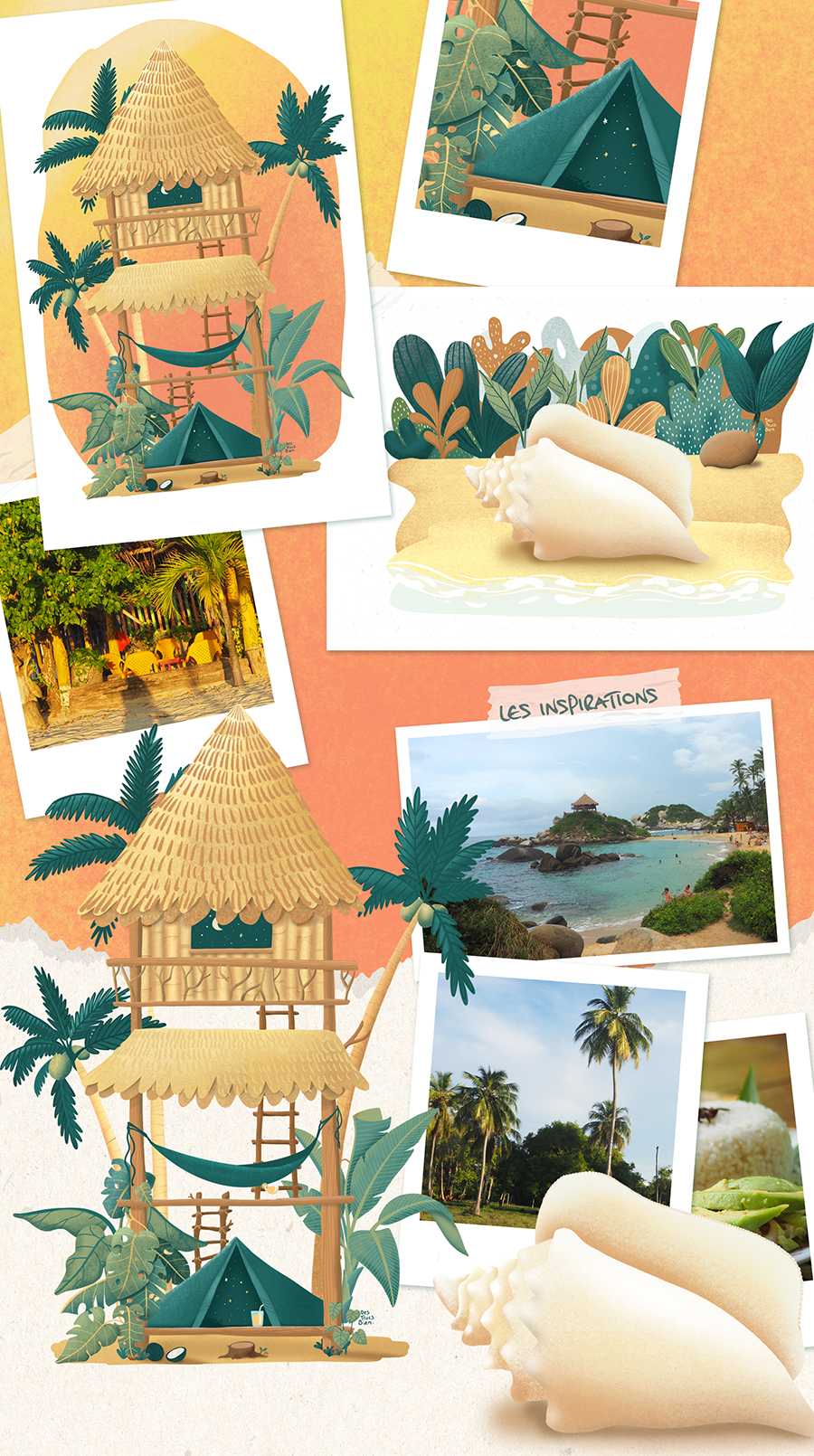 Carte postale tropicale pour un camping dans sur la côte Caraïbe colombienne et inspiration